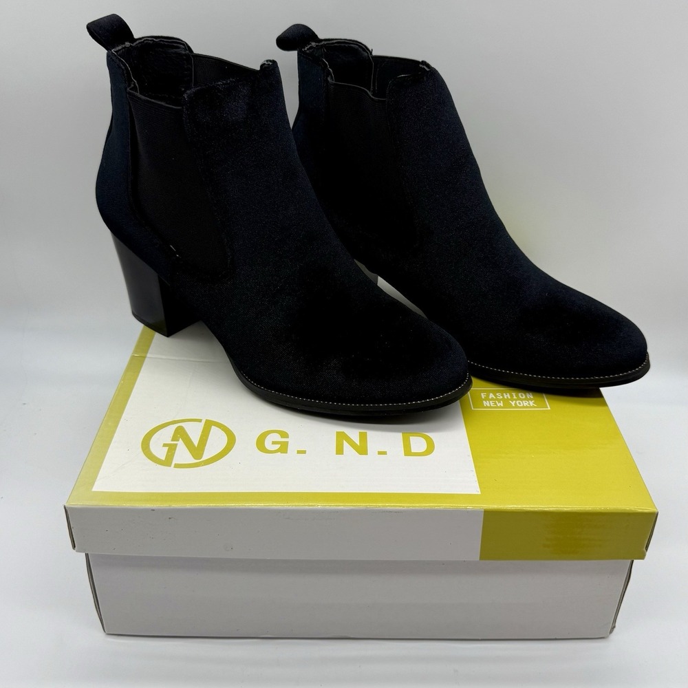 G.N.D. Ankle Boots‎ Women's 9 Black Faux Suede Block Heel Slip On Chelsea Bootie
